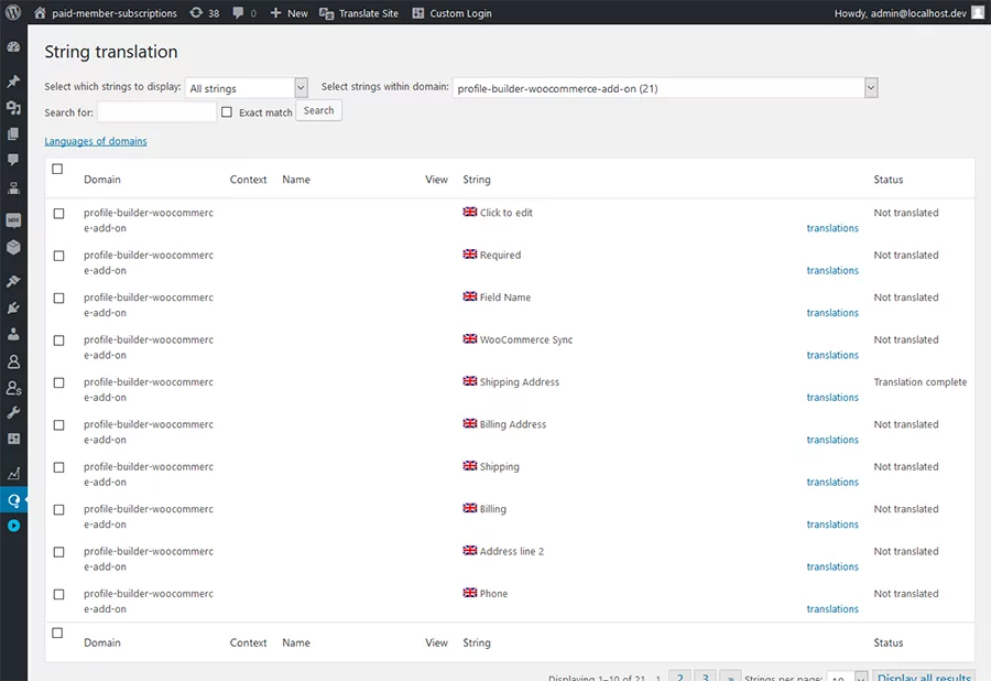 WPML String Translation Interface